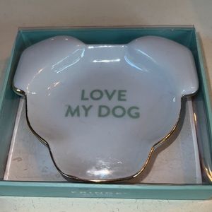 dog shaped decorative tray “LOVE MY DOG” in mint green w/gold trim in gift box